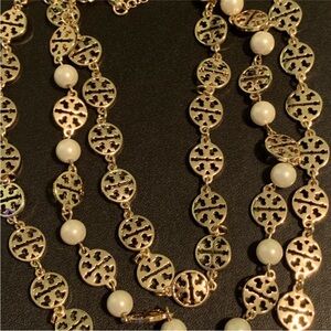 tory  Burch vintage Gold and Pearl triple strand logo necklace